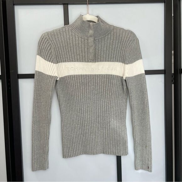 [M] y2k Tommy Hilfiger 1/2 Zip Ribbed Knit Creme & Grey Long Sleeve Top - Picture 1 of 14
